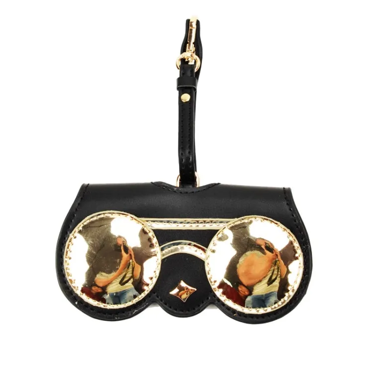 Cute And Funny PU Sunglasses Case Portable Glasses Case With Hanging Buckle, Colour: Round Mirror (Black Gold Stitching)