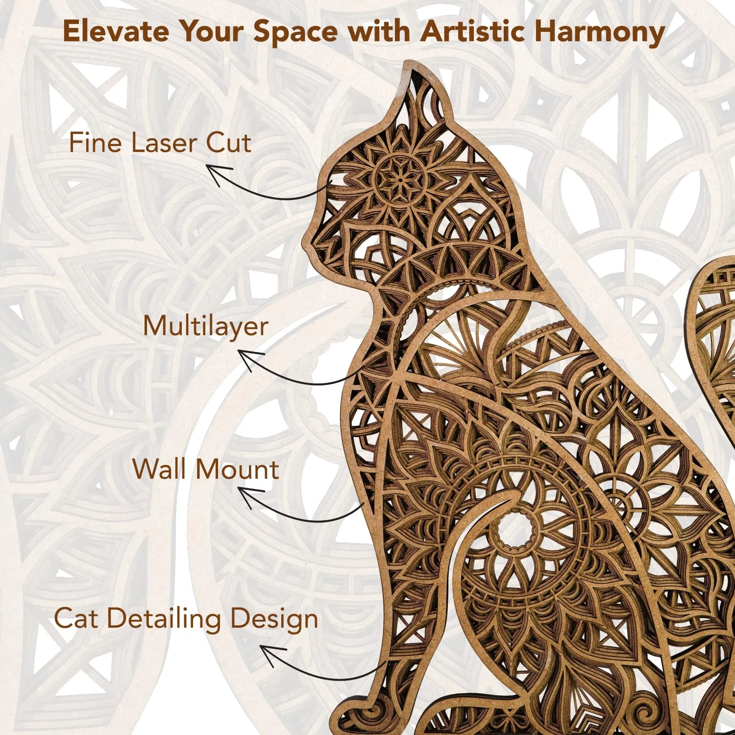 Ekhasa 3D Laser Cut Wooden Wall Art Cat for Home & Wall Decor | Wooden Art for Wall Decoration | Wall Art Carved Showpieces for Bedroom, Dining, Drawing, Living Room, Staircase Walls or Lobby