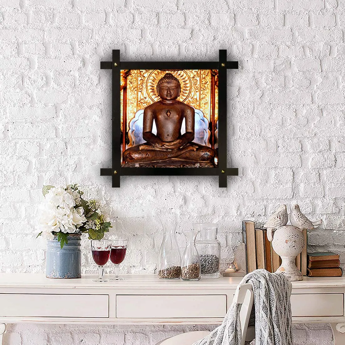 Generic Poster n Frames Cross Wooden Frame Hand-Crafted with Photo of Mahavir Swami 20652-(16.5x16.5inch,Wood,Multicolour), Medium