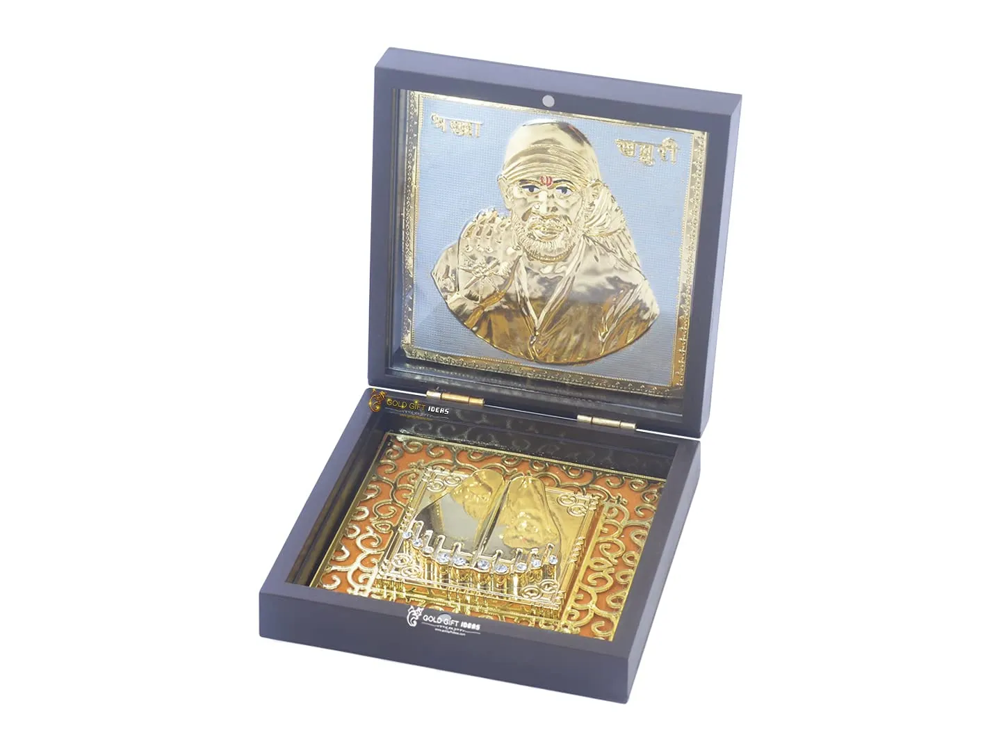 GoldGiftIdeas 24K Gold Plated Sai Baba Photo Frame with Charan Paduka (Square) for Pooja, Sainath Photo Frame, Return Gifts for Festival