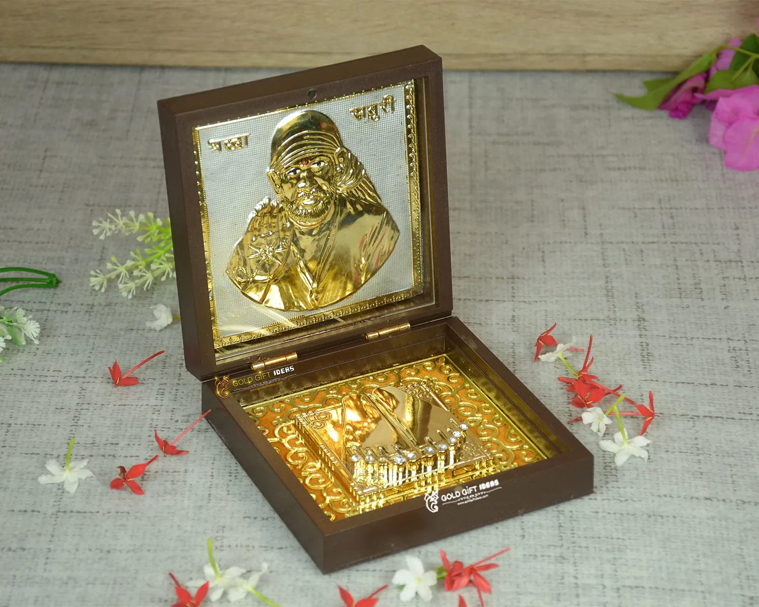 GoldGiftIdeas 24K Gold Plated Sai Baba Photo Frame with Charan Paduka (Square) for Pooja, Sainath Photo Frame, Return Gifts for Festival
