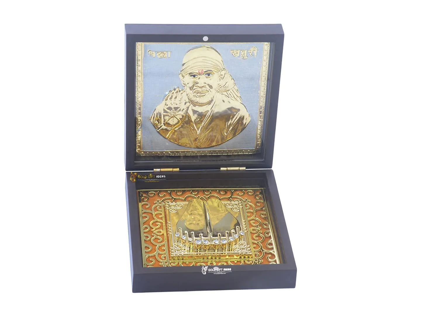 GoldGiftIdeas 24K Gold Plated Sai Baba Photo Frame with Charan Paduka (Square) for Pooja, Sainath Photo Frame, Return Gifts for Festival