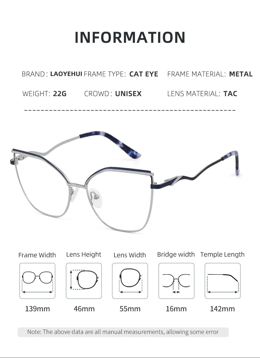 Laoyehui Women's Full Rim Square Cat Eye Alloy Presbyopic Reading Glasses Chain Glr8455