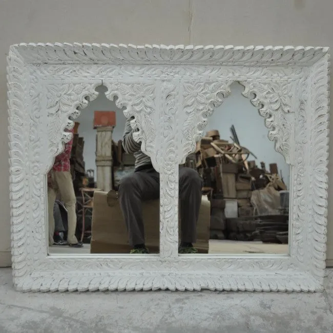 Mehrab Indian Hand Carved Mirror Arched Globe Wooden Wall Decor 93x6x73cm White