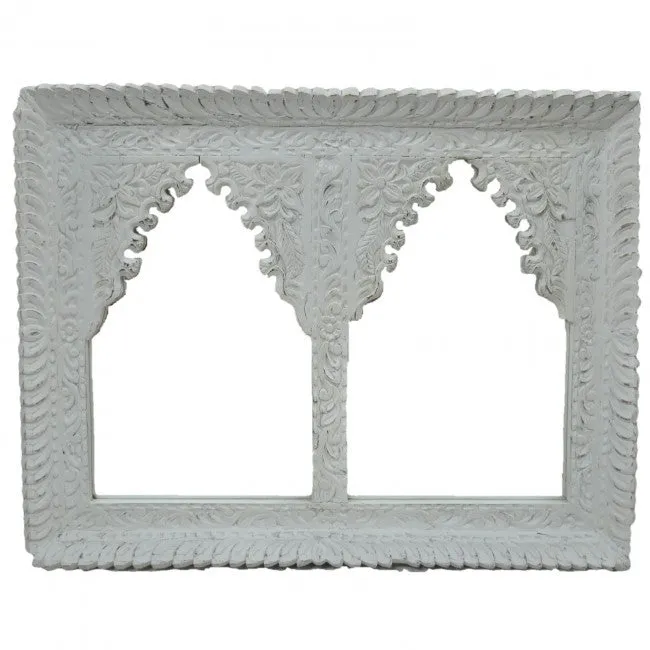 Mehrab Indian Hand Carved Mirror Arched Globe Wooden Wall Decor 93x6x73cm White