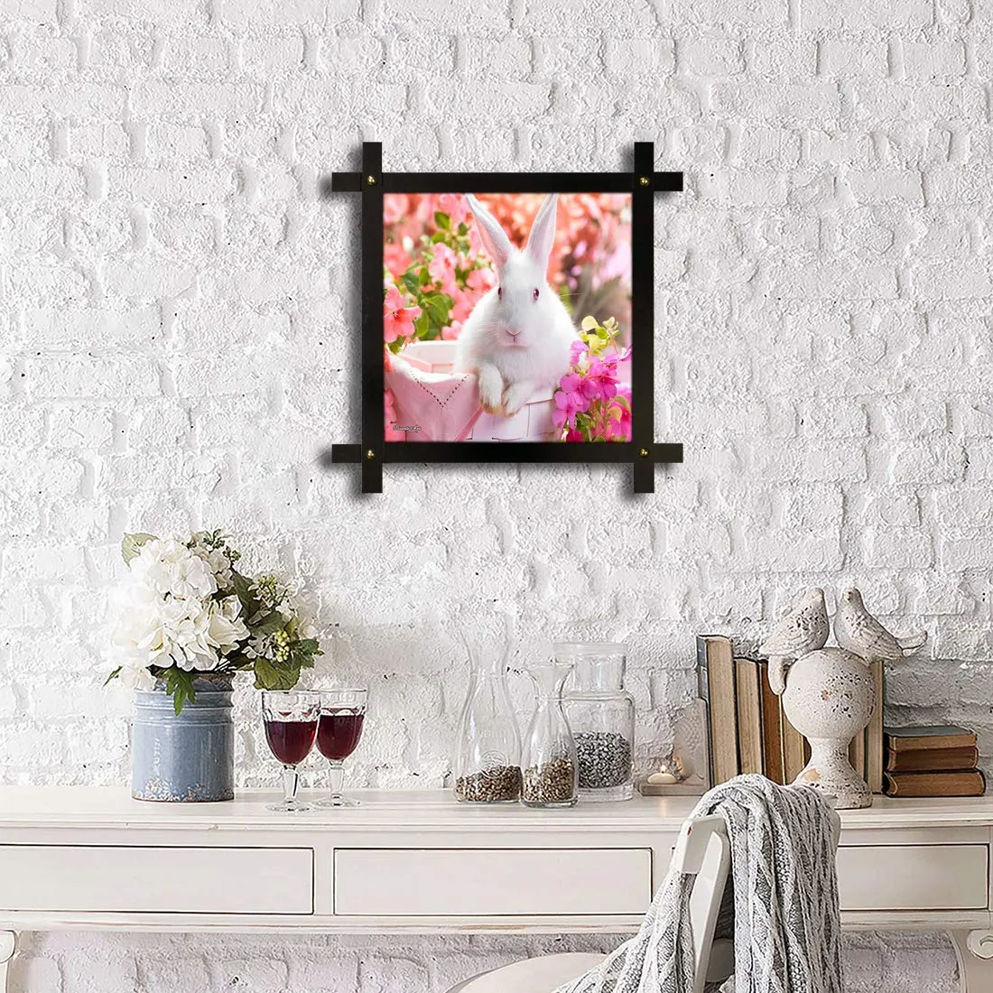 Poster N Frames Cross Hand-Crafted Wooden Frame with Photo of Rabbit (16.5x16.5inch, Multicolour), Medium