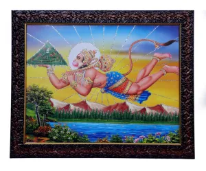 Subhash Pushtak Shree Hanuman ji Mountain Flying Wooden Photo Frame For Temple/Pooja/Home/Office