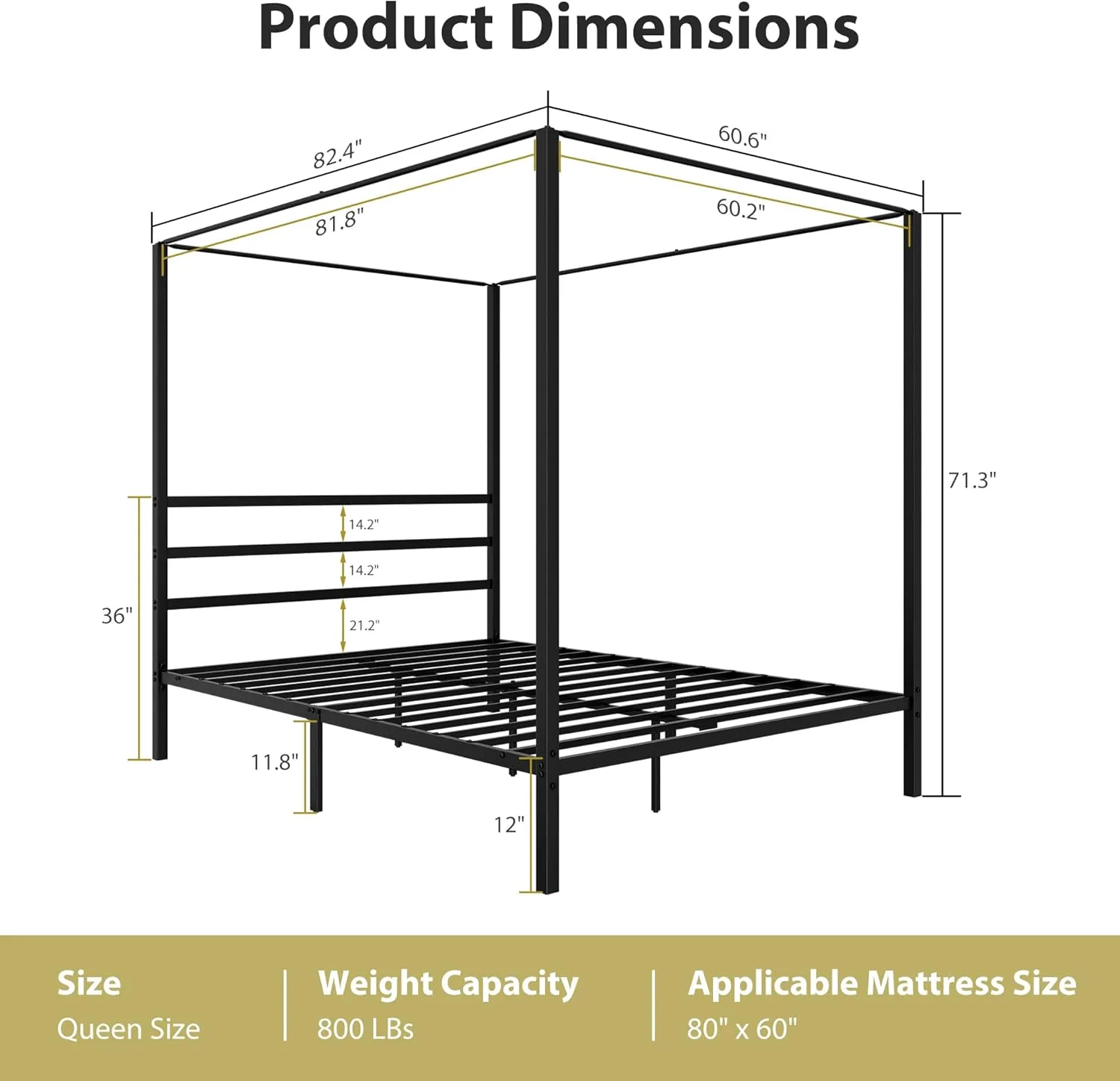 ZENY™ Metal Canopy Bed Frame Queen Size Four Poster Bedframe with Built-in Headboard 14 Inch Platform Mattress Foundation Sturdy Slatted Structure No Box Spring Needed Easy Assembly, Black