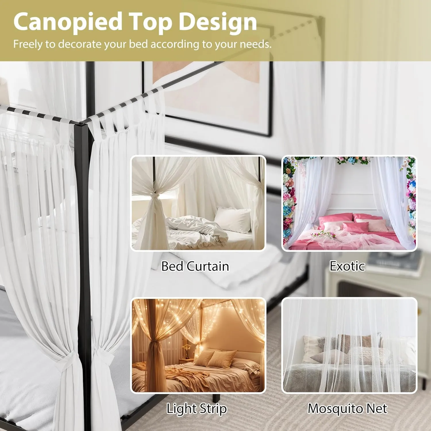 ZENY™ Metal Canopy Bed Frame Queen Size Four Poster Bedframe with Built-in Headboard 14 Inch Platform Mattress Foundation Sturdy Slatted Structure No Box Spring Needed Easy Assembly, Black