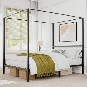 ZENY™ Metal Canopy Bed Frame Queen Size Four Poster Bedframe with Built-in Headboard 14 Inch Platform Mattress Foundation Sturdy Slatted Structure No Box Spring Needed Easy Assembly, Black