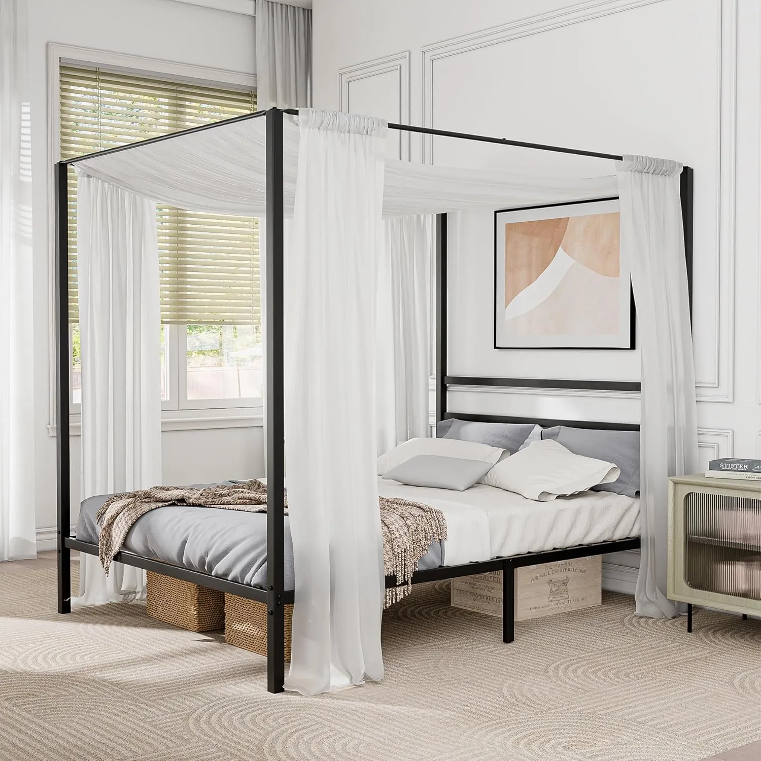 ZENY™ Metal Canopy Bed Frame Queen Size Four Poster Bedframe with Built-in Headboard 14 Inch Platform Mattress Foundation Sturdy Slatted Structure No Box Spring Needed Easy Assembly, Black