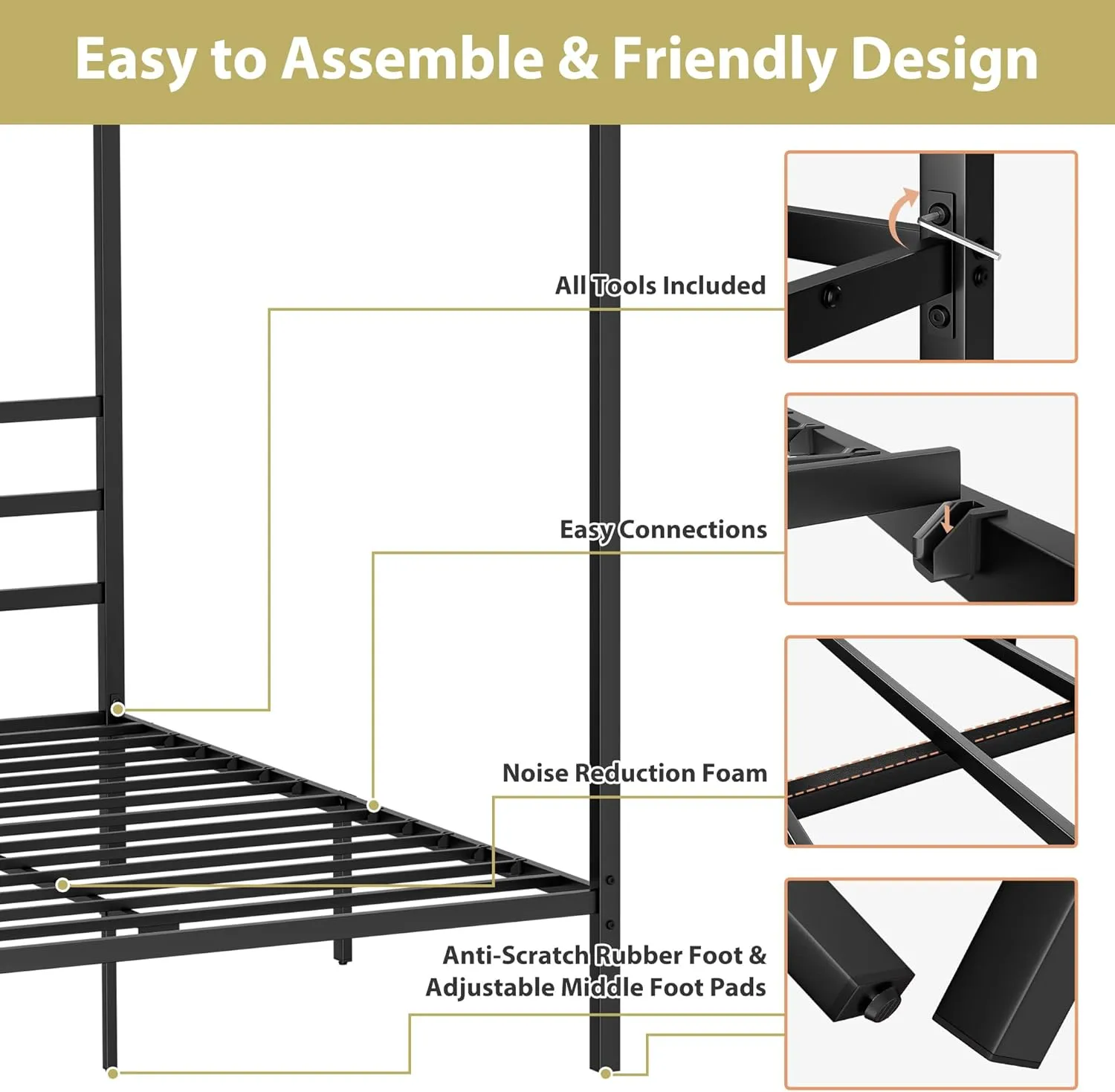 ZENY™ Metal Canopy Bed Frame Queen Size Four Poster Bedframe with Built-in Headboard 14 Inch Platform Mattress Foundation Sturdy Slatted Structure No Box Spring Needed Easy Assembly, Black
